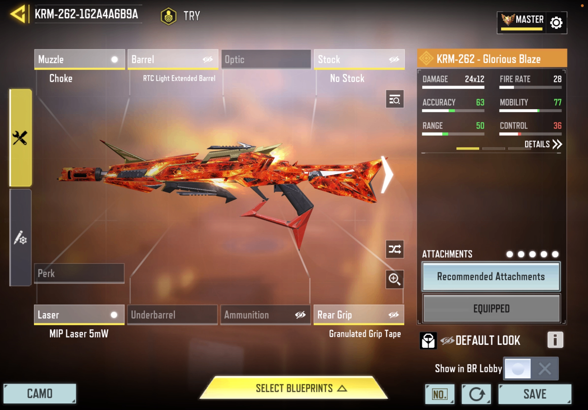 KRM-262 — Glorious Blaze gunsmith loadout screenshot in Call of Duty Mobile
