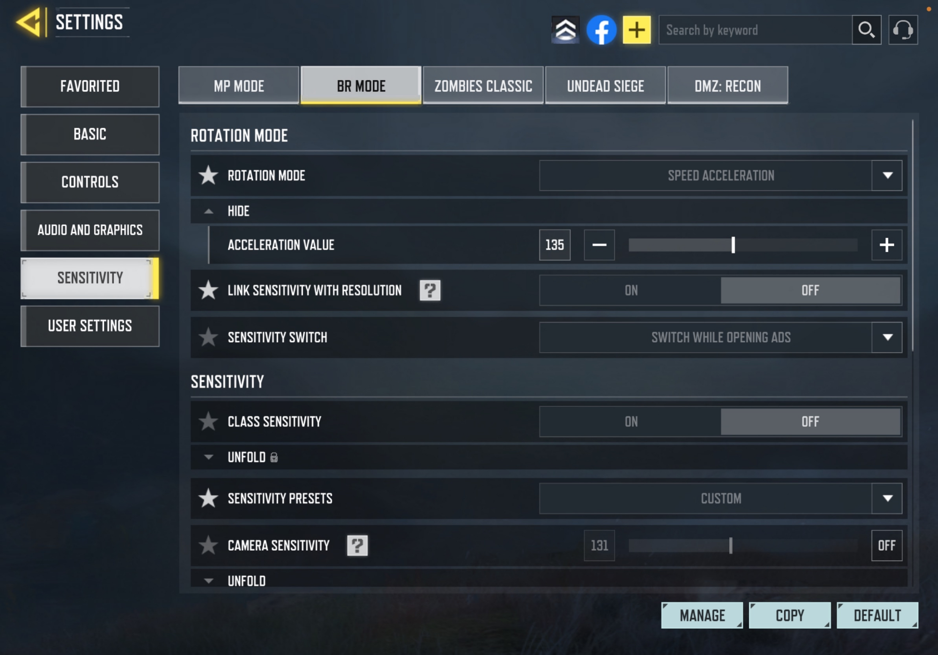 CODM BR mode rotation and sensitivity settings screen